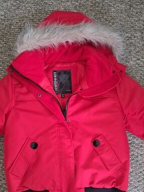 Fahrenheit Red Hooded Puffer Jacket with Faux Fur Trim